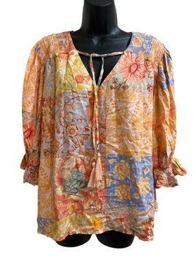 Nicole Miller Boho Patchwork Floral Peasant Top - Multicolor⭐️NWT⭐️